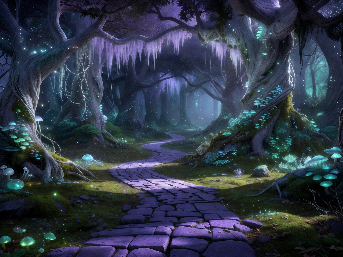 Ancient violet path weaving through the bioluminescent trees of the magical elven forest