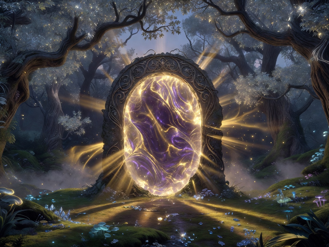 Luminous celestial elven portal shimmering in magical gold and violet light