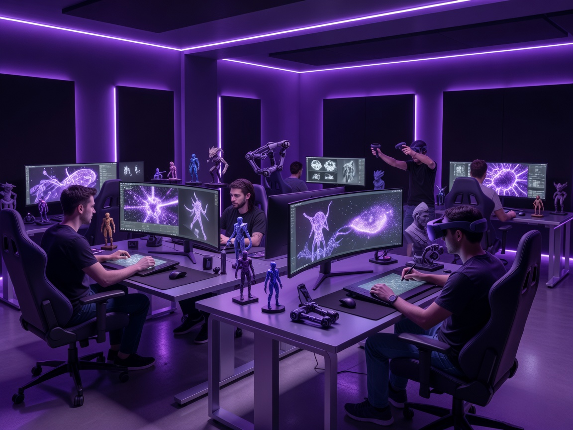 Modern creative game design studio glowing in amethyst neon aesthetic lights